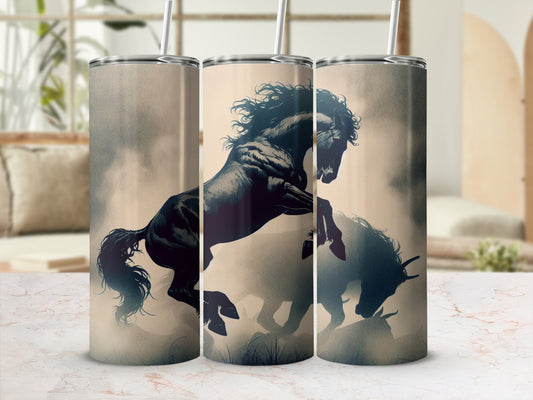 Three tumblers featuring a dark horse rearing against a dusty background.