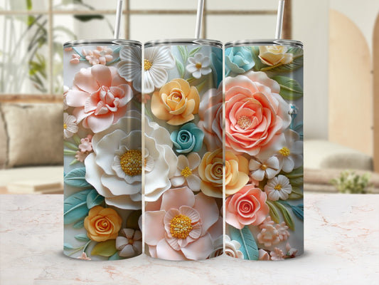 Three floral tumblers with raised textured flowers and leaves in pink, peach, and blue.