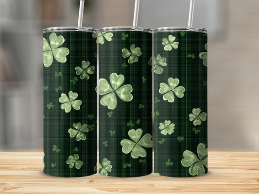 Three green plaid tumblers with clover leaf pattern.