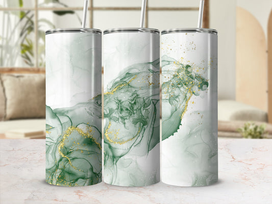 Three tumblers with green and gold abstract marble design.