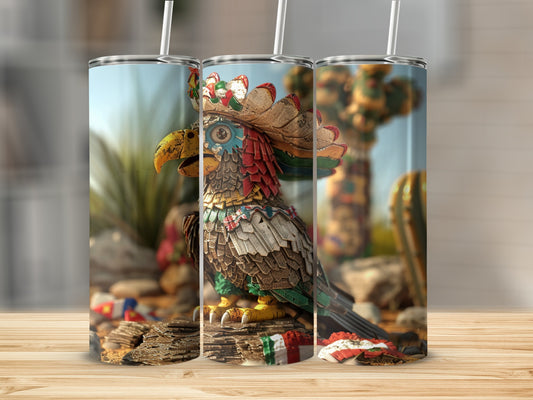 Triptych of a colorful macaw in a headdress with flags and cacti.