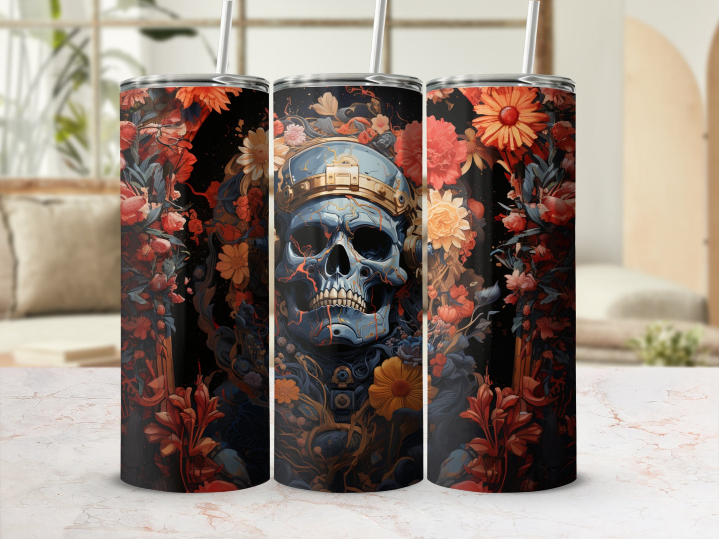 Floral Skull Art Tumbler Enhances Beverage Enjoyment