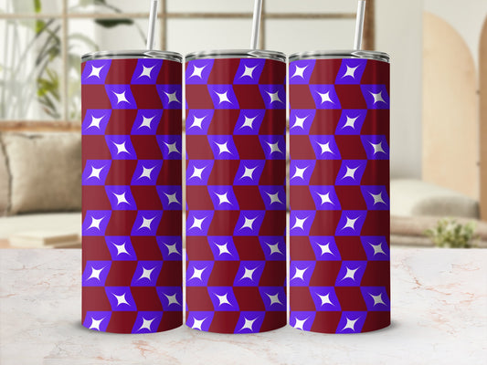Three tumblers with a purple and blue starburst geometric pattern.