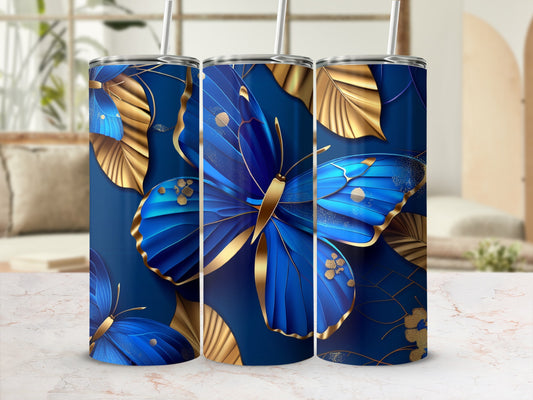 Three blue butterflies with gold accents on a dark blue background with gold leaves.