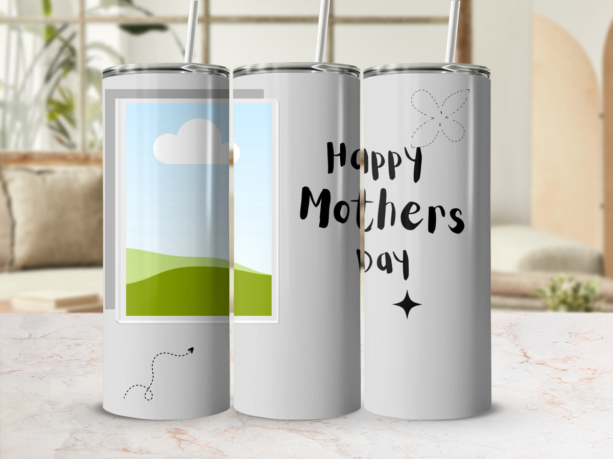 Three white tumblers with straws, one featuring a landscape photo and "Happy Mother's Day" text.