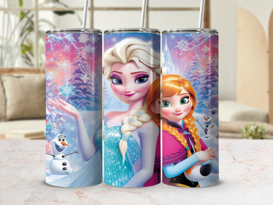 Frozen characters Elsa and Anna with Olaf on colorful tumblers.