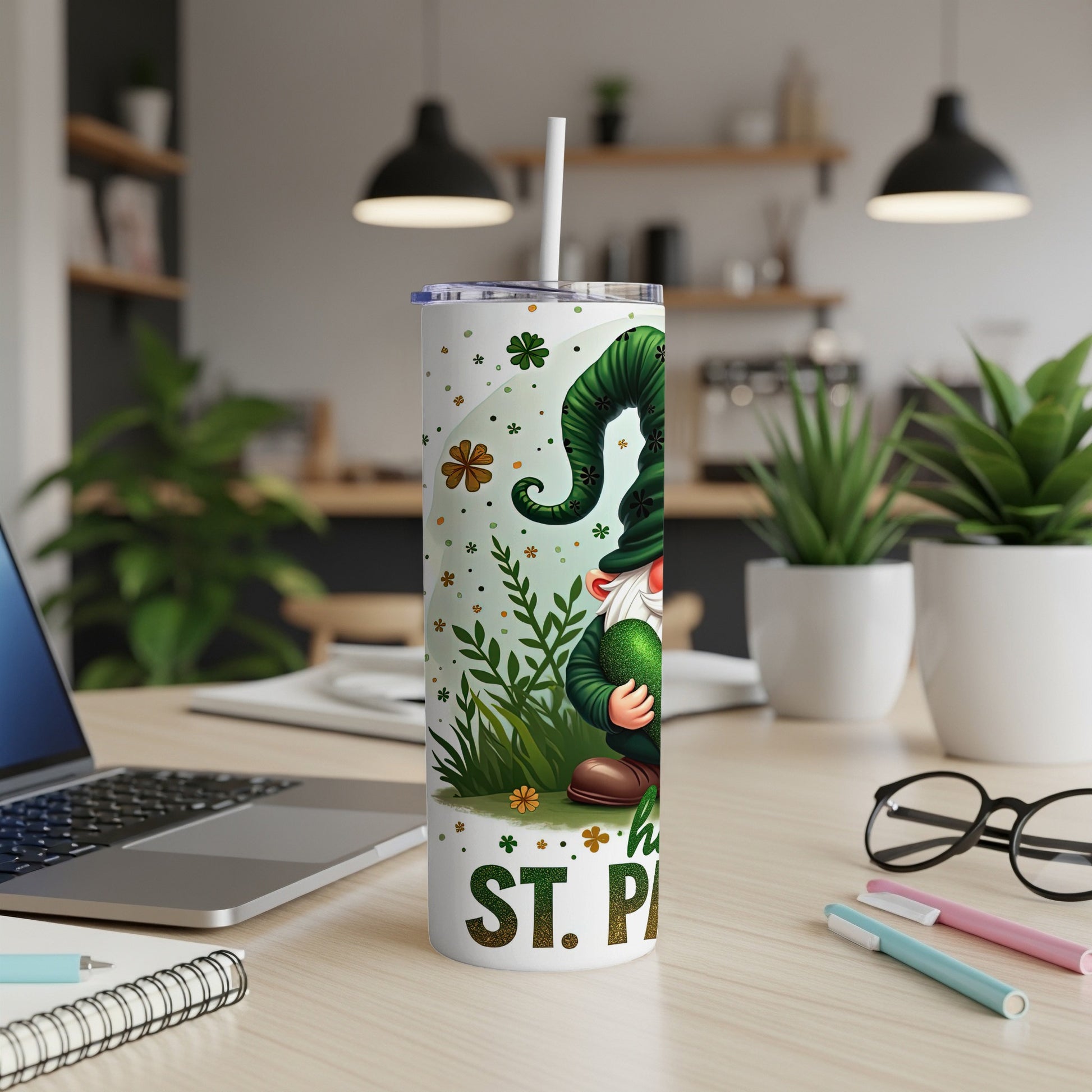 Green gnome with St. Patrick's Day theme on a white tumbler with straw.
