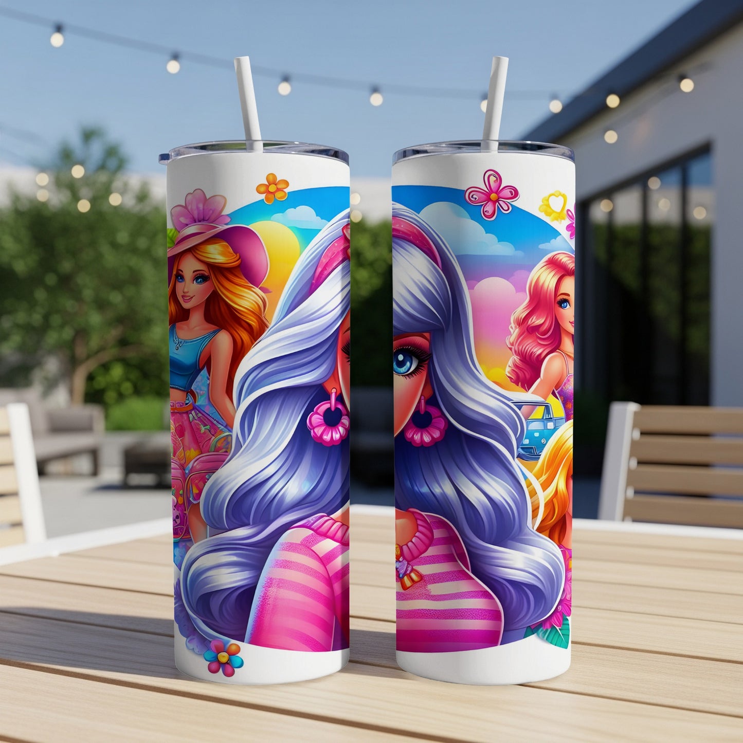 Two tumblers with Barbie-style characters on a wooden table.
