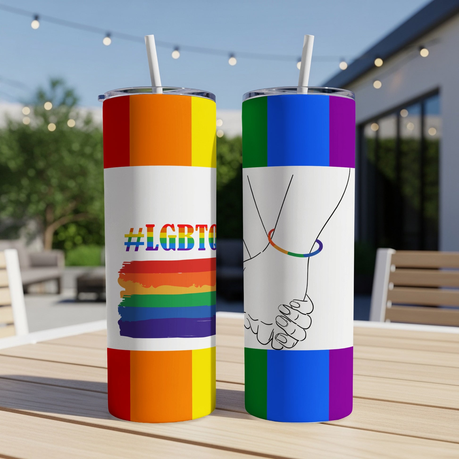 Two rainbow LGBTQ+ tumblers, one with text, on a table.
