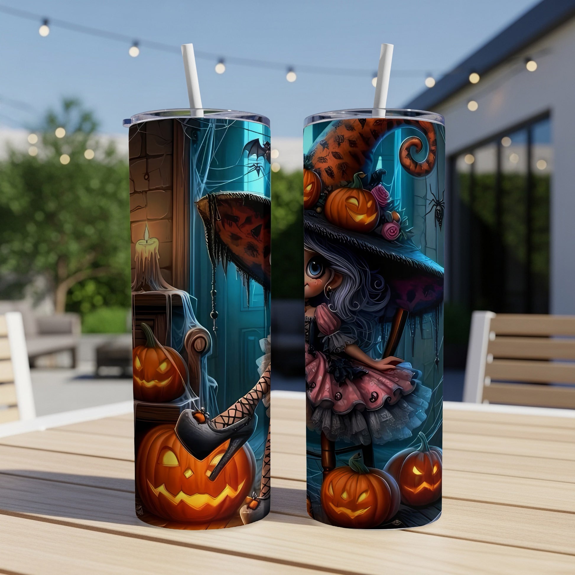 Two Halloween tumblers featuring a witch and carved pumpkins against a spooky background.