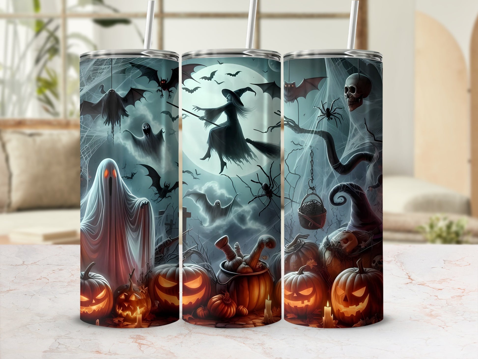 Halloween tumbler with ghosts, witches, bats, pumpkins, and skulls on a dark, spooky background.