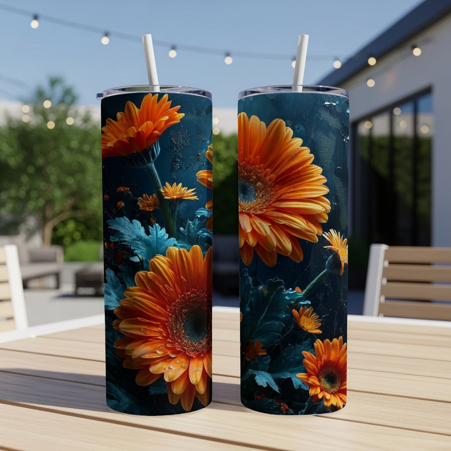 Two orange gerbera daisies on tall tumblers with straw, on a table.