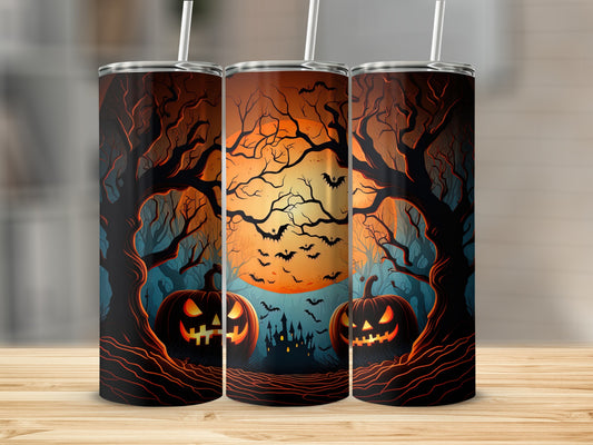 Three tumblers with a Halloween scene of pumpkins, bats, and a castle.