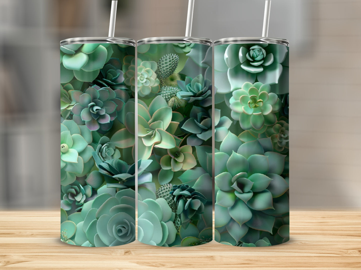 Three tumblers with a succulent plant pattern.