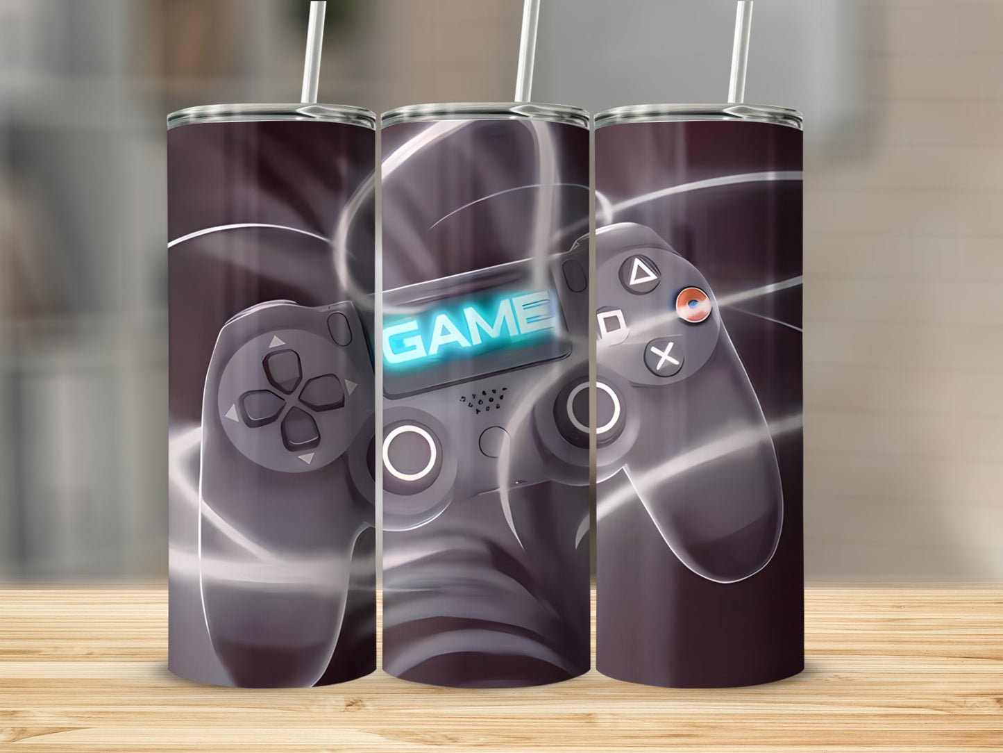 Gaming controller with "GAME" displayed on screen, rendered on a tumbler.