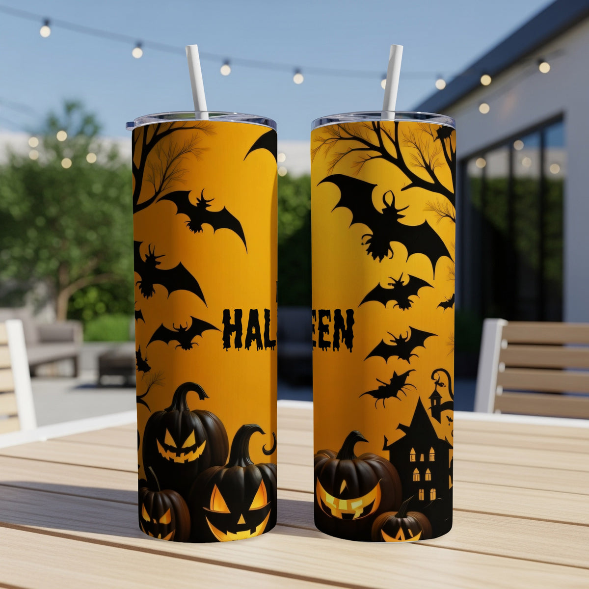 Two Halloween-themed tumblers with bats, pumpkins, and a haunted house on an orange background.