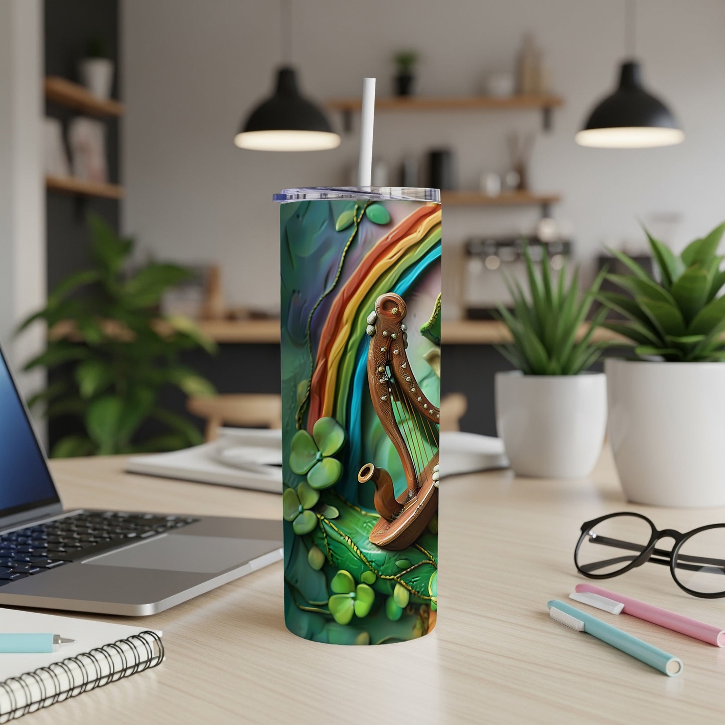 St. Patrick's Day tumbler with harp, shamrocks, and rainbow design.