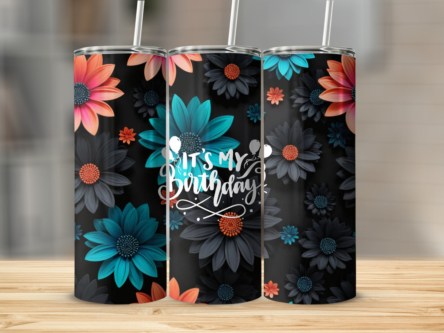 Tumbler with dark background and colorful floral pattern, "It's My Birthday!" text.