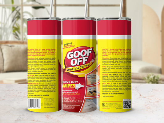 Goof Off Heavy Duty Wipes container with usage and warning text.
