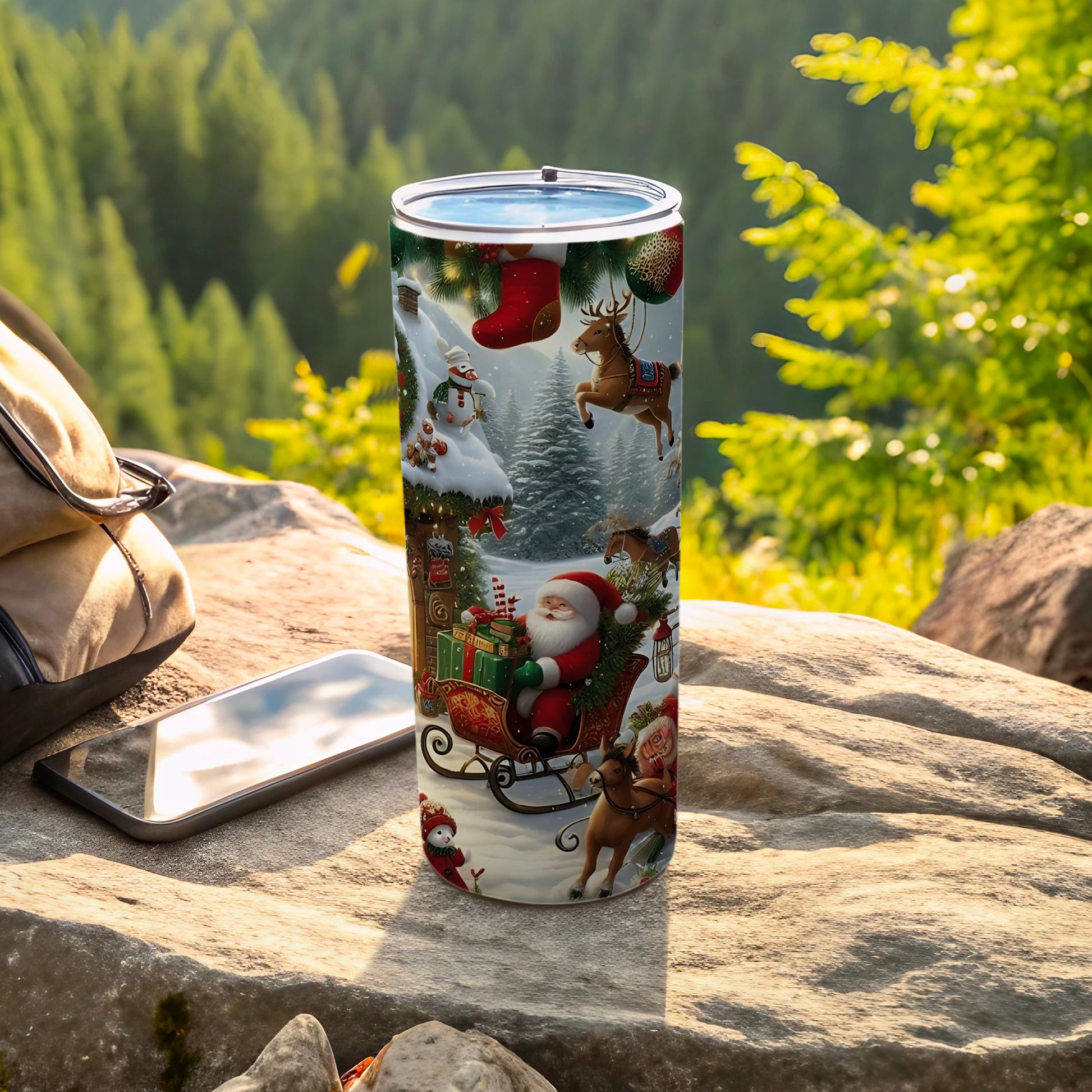 Christmas Santa Sleigh and Reindeer Themed Tumbler