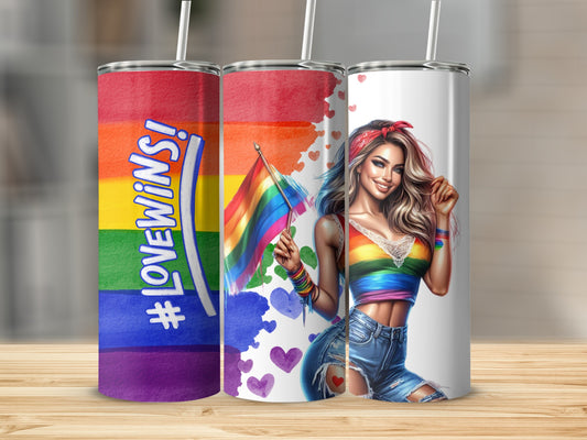 Three rainbow pride tumblers, two with text and one featuring a woman holding a rainbow flag.