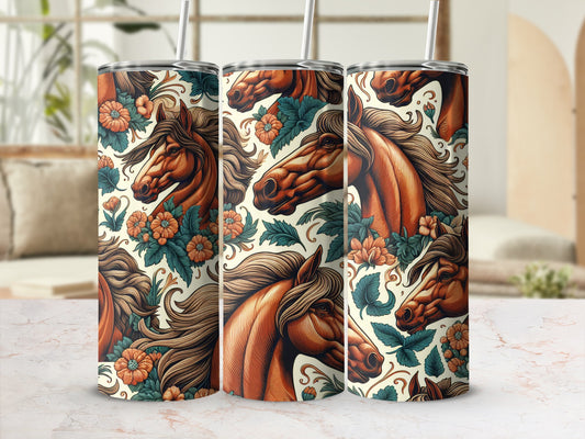 Three tall tumblers with horse and floral pattern on a marble surface.