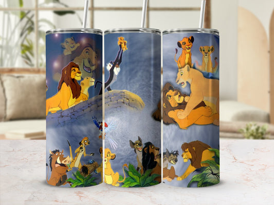 The Lion King characters on a tumbler with a straw.