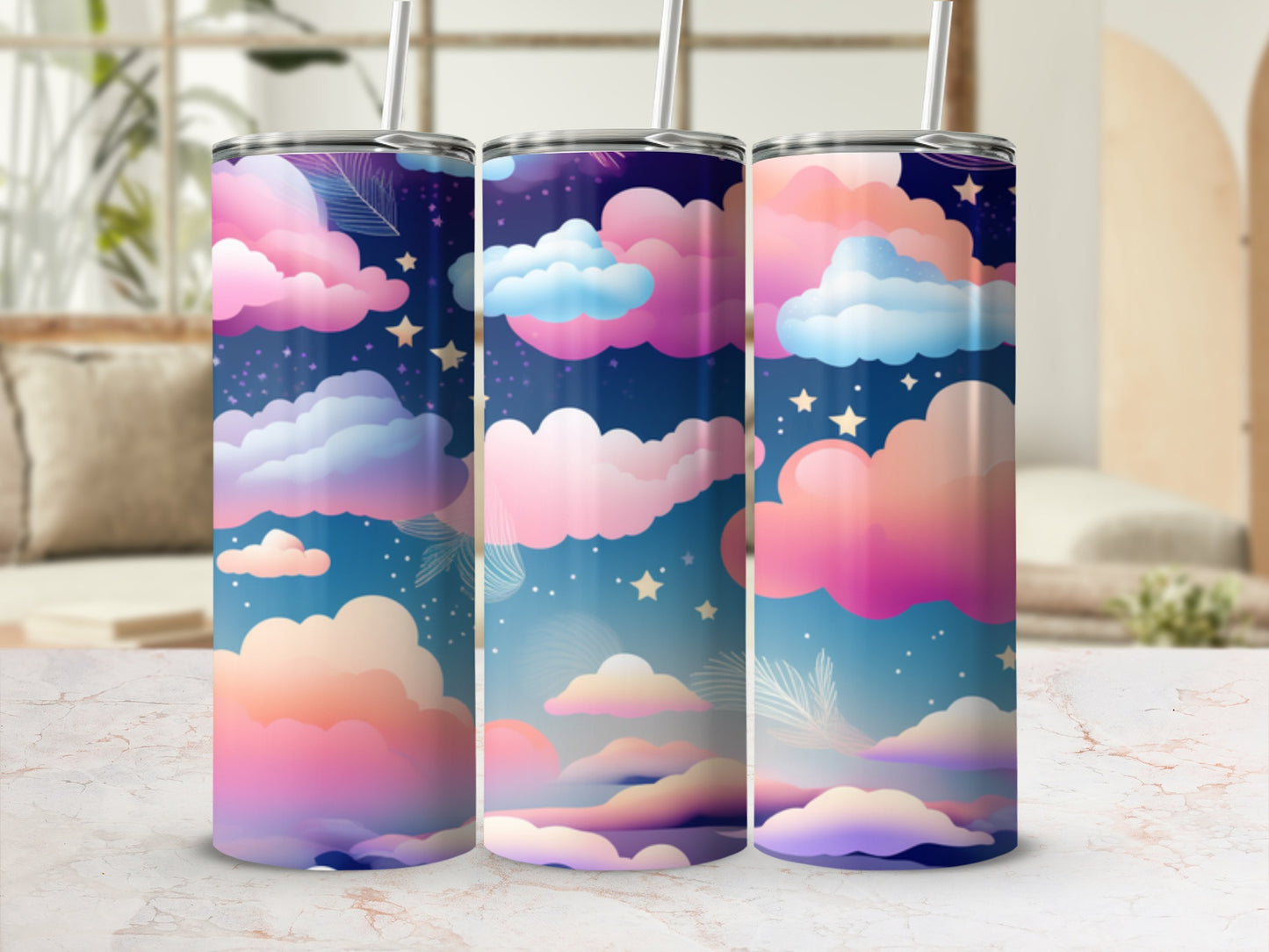 Three tumblers with a pastel sky cloud and star design.