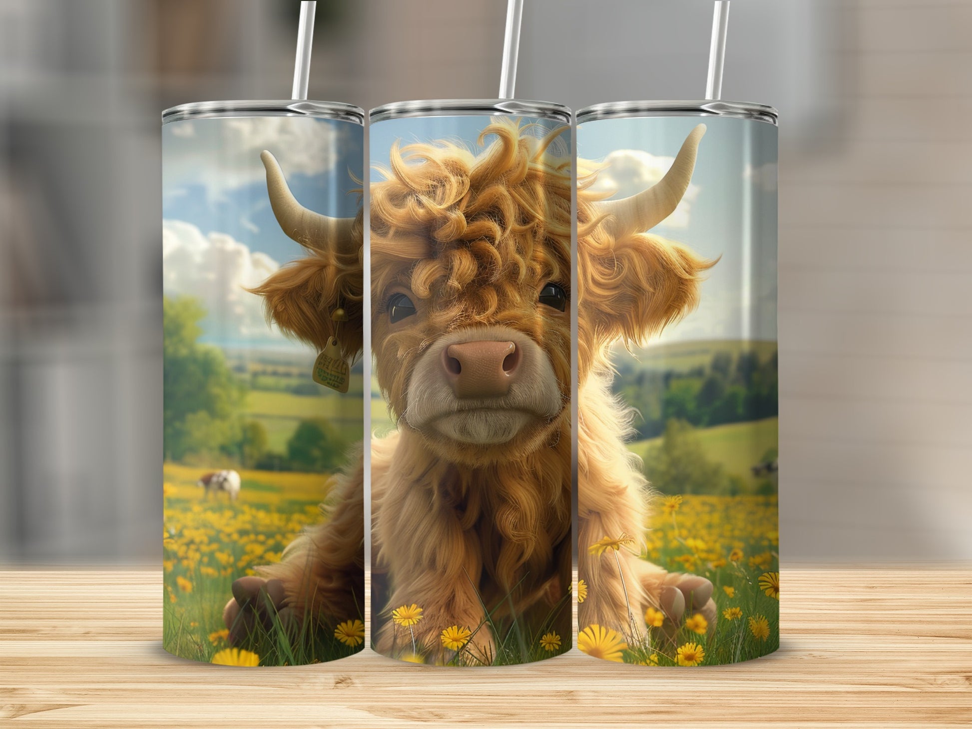 Fluffy Highland cow in a field of yellow flowers, two tumblers with the same design.