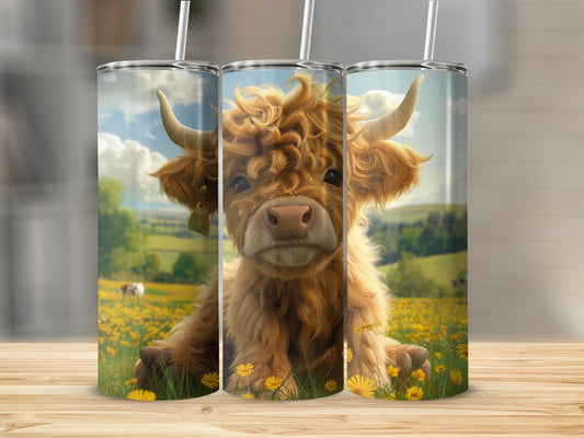 Fluffy Highland cow in a field of yellow flowers, two tumblers with the same design.