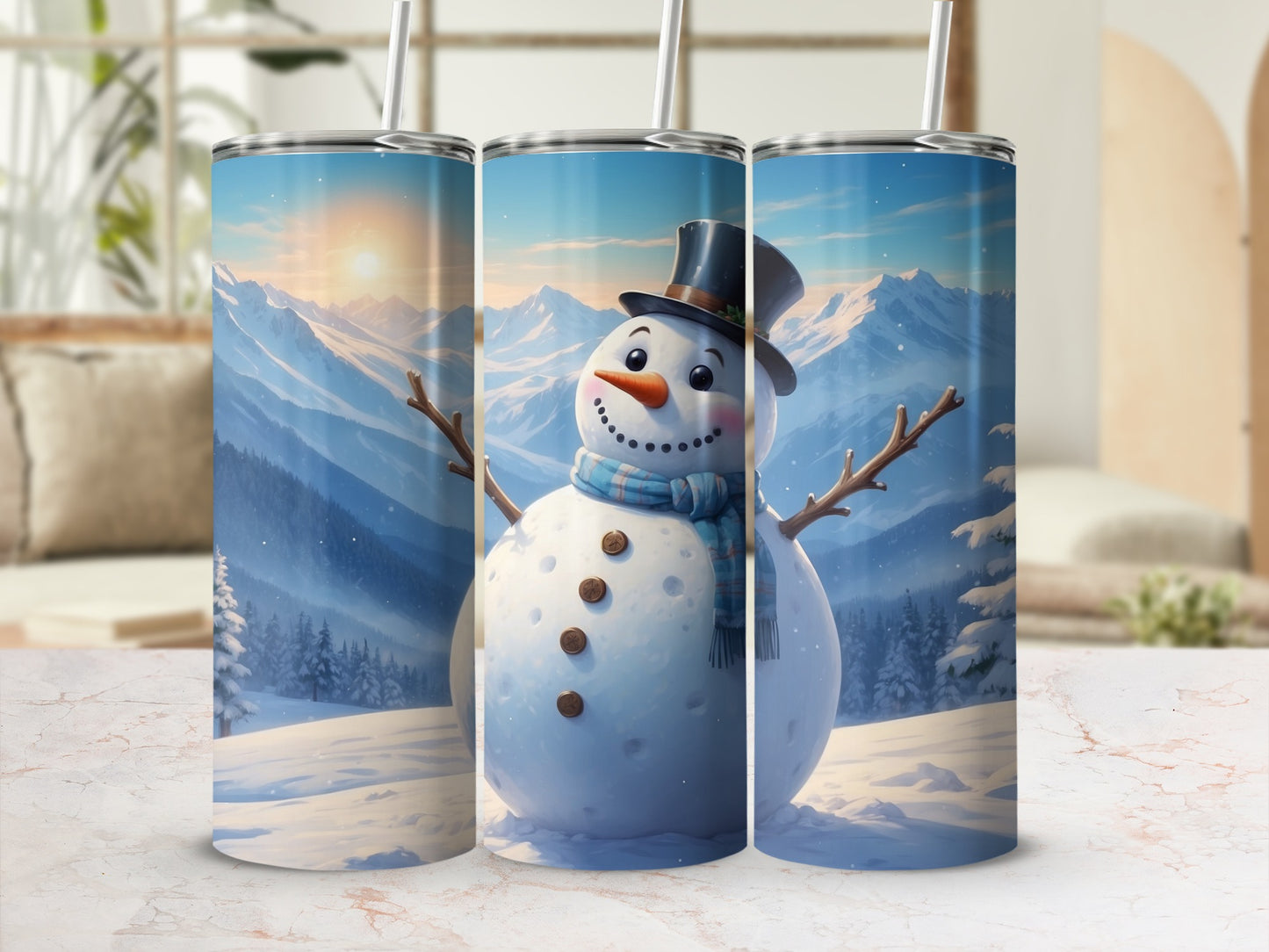 Three tumblers featuring a smiling snowman in a winter landscape.
