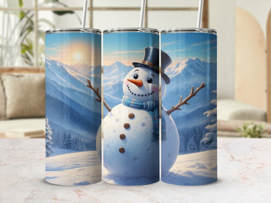 Three tumblers featuring a smiling snowman in a winter landscape.