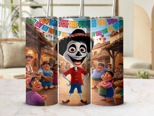 Tiki tumbler with smiling animated characters in a colorful Mexican village street scene.
