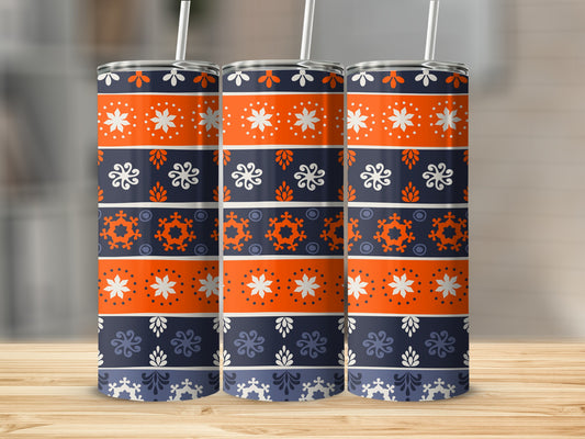 Three tumblers with blue, orange, and white snowflake and floral pattern.