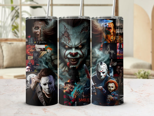 Tumbler with horror movie characters including Pennywise, Michael Myers, Freddy Krueger, and Chucky.