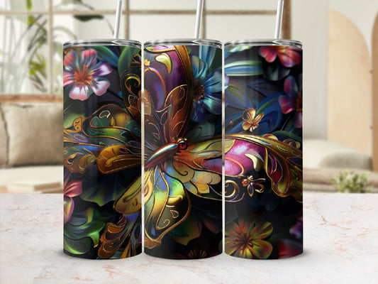 Triptych of tumblers with iridescent butterfly and floral designs.