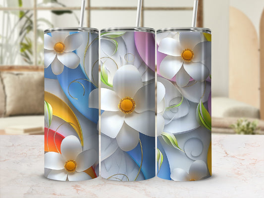 Three white floral tumblers with subtle pastel backgrounds and decorative swirls.