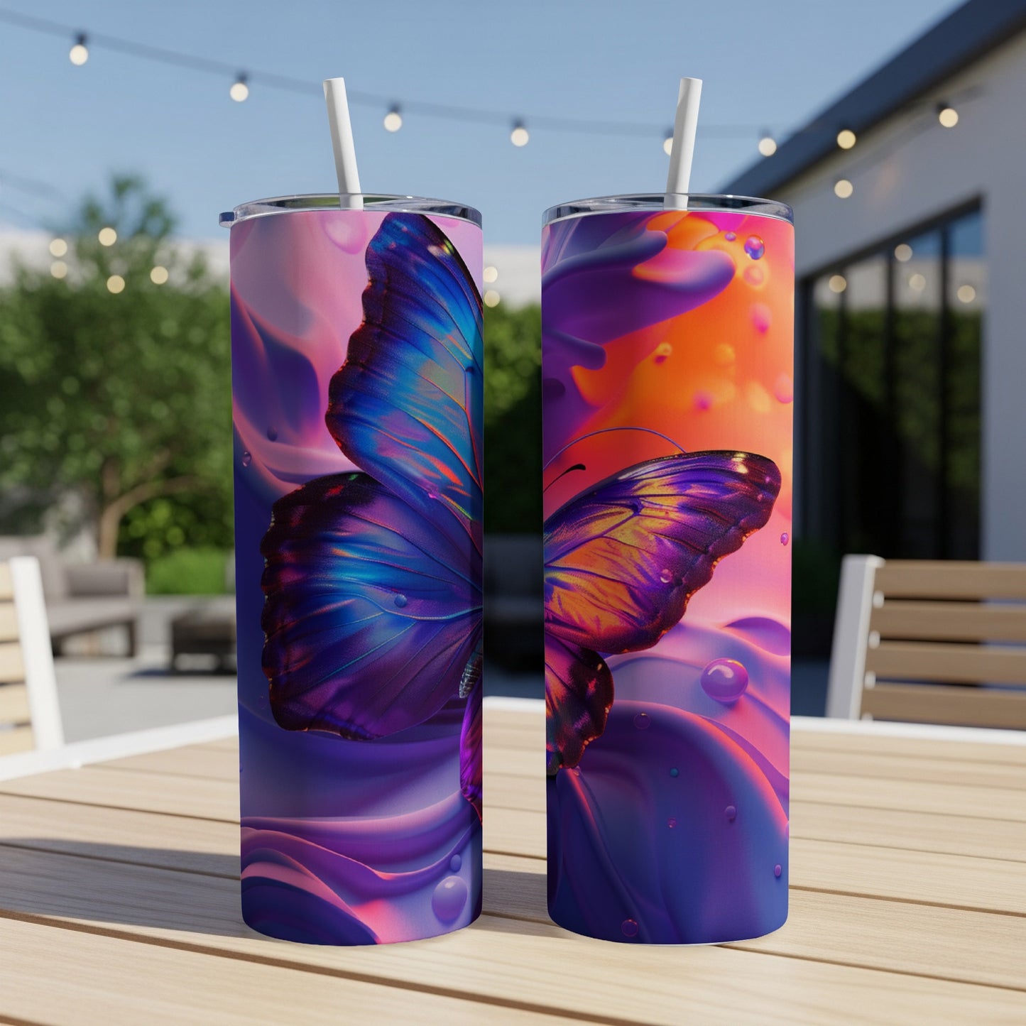 Two tumblers featuring a vibrant butterfly design with purple and orange accents.
