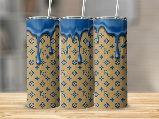 KC Letters Blue Dripping Paint on Brown Monogram Tumblers