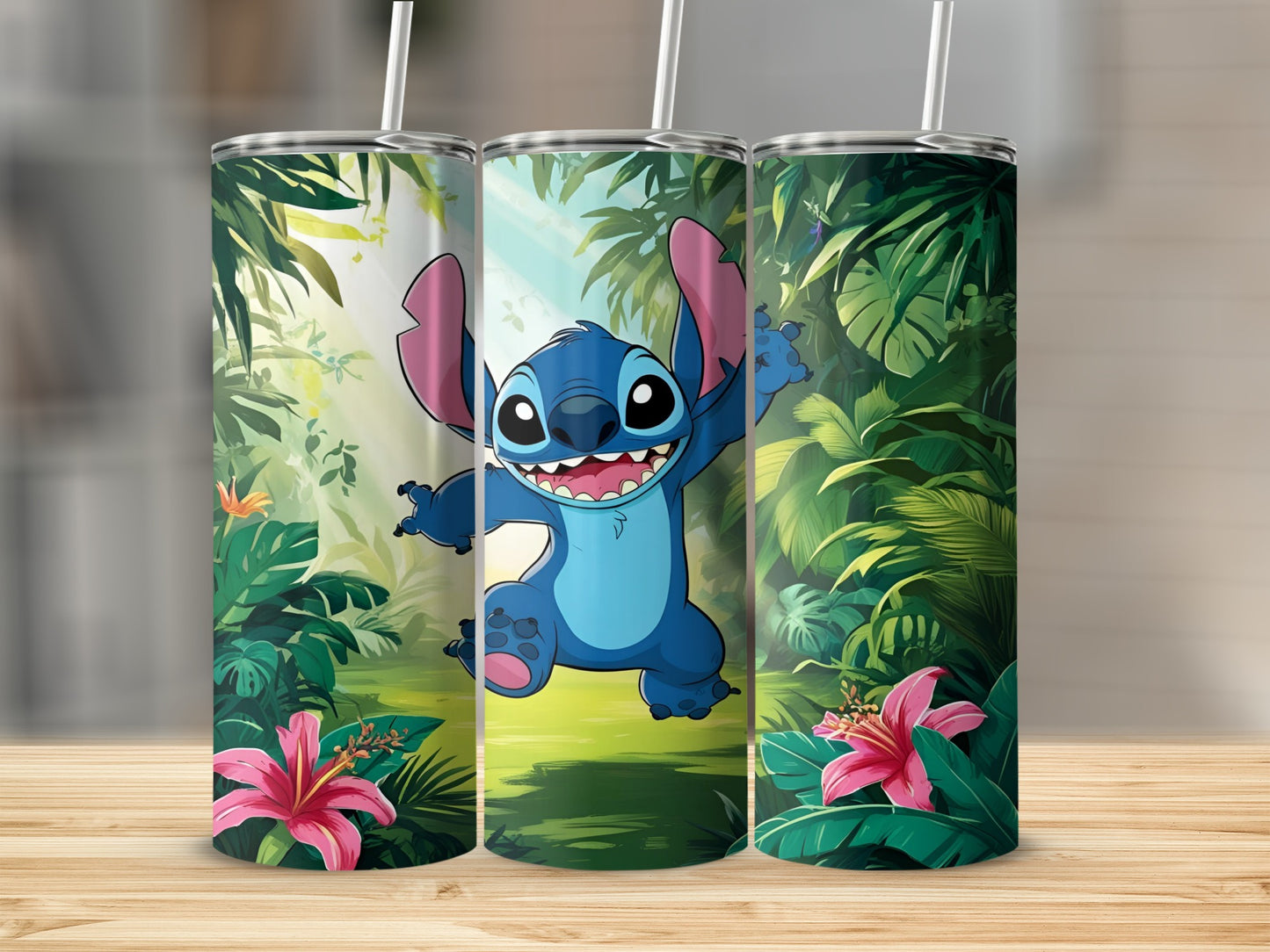 Cartoon Stitch character in lush green jungle with pink flowers on a tumbler.