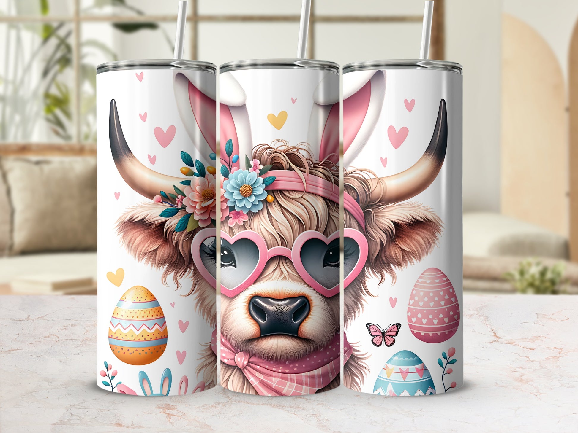 Highland cow with bunny ears and heart sunglasses, Easter eggs and butterflies.