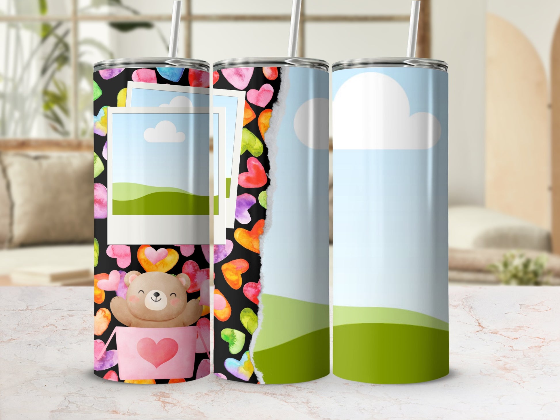 Tumblers with teddy bear and heart designs, some with placeholder image frames.