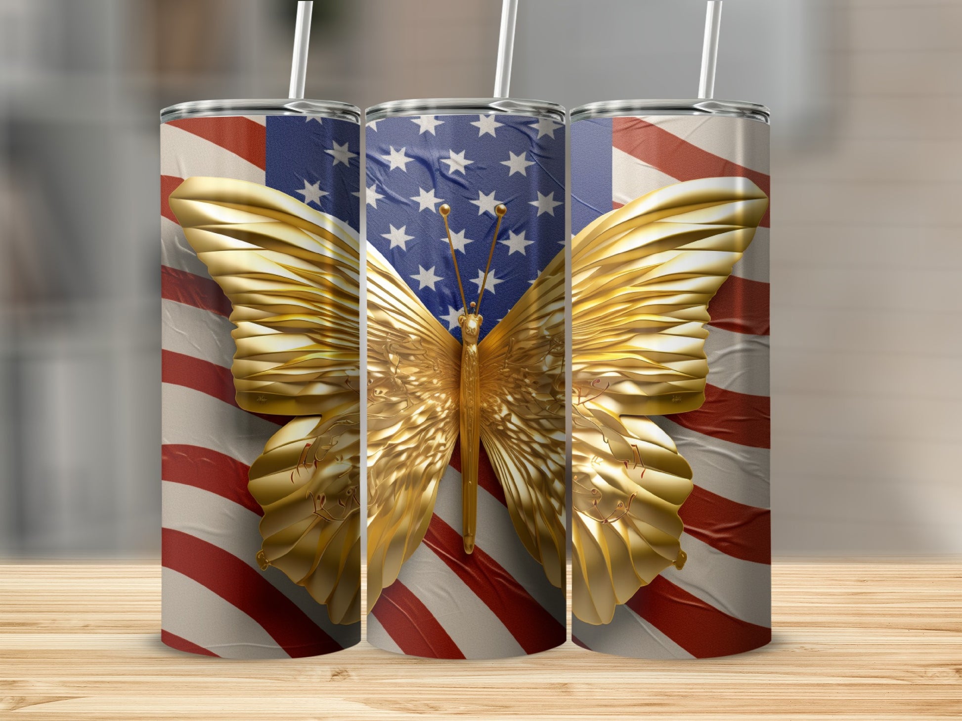 Golden butterfly on USA flag tumbler.