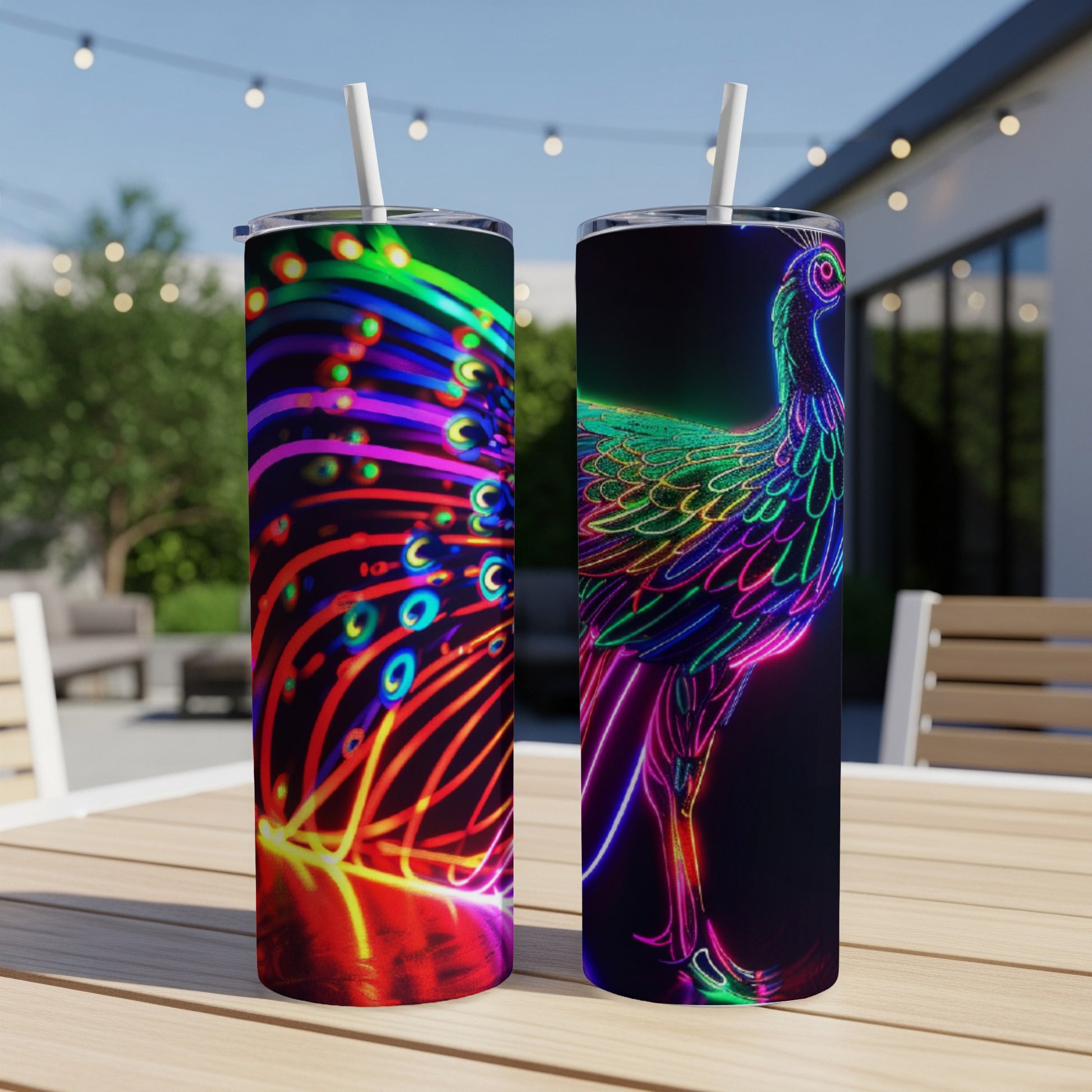 Two tumblers with neon peacock designs on a patio table.