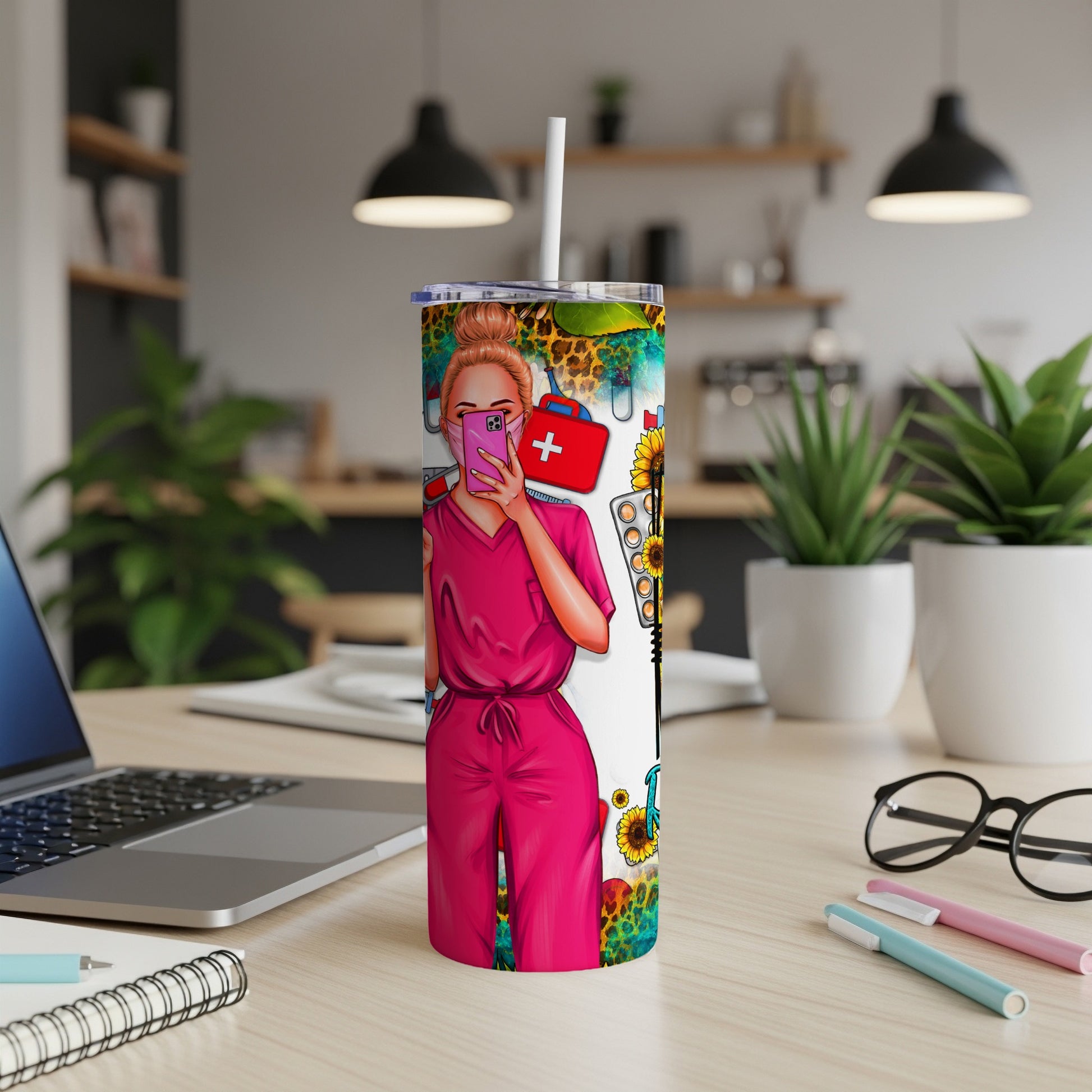 Tumbler with nurse illustration, sunflowers, and medical symbols.