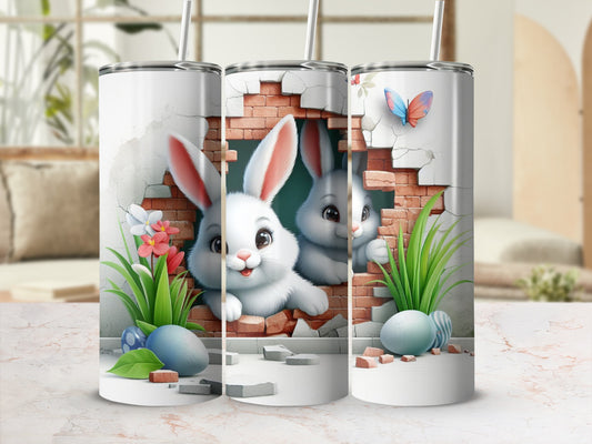 Two Easter bunnies peek through a brick wall with eggs and flowers.