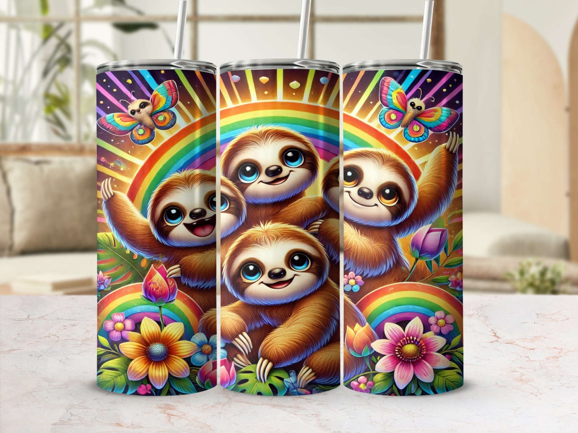 Cute Sloth and Rainbow Design Tumbler with Straw