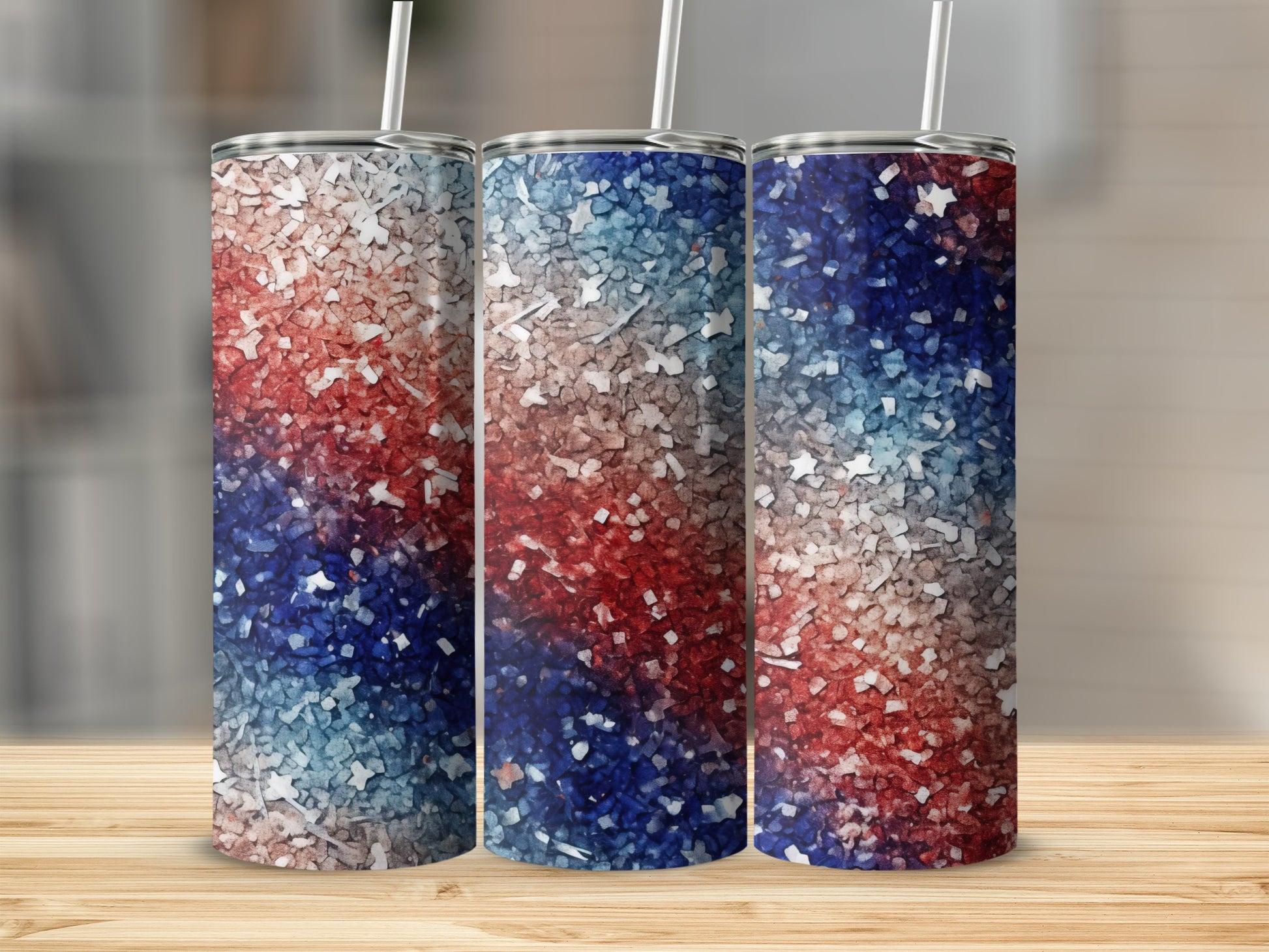 Three glittery tumblers with red, white, and blue abstract patriotic design.