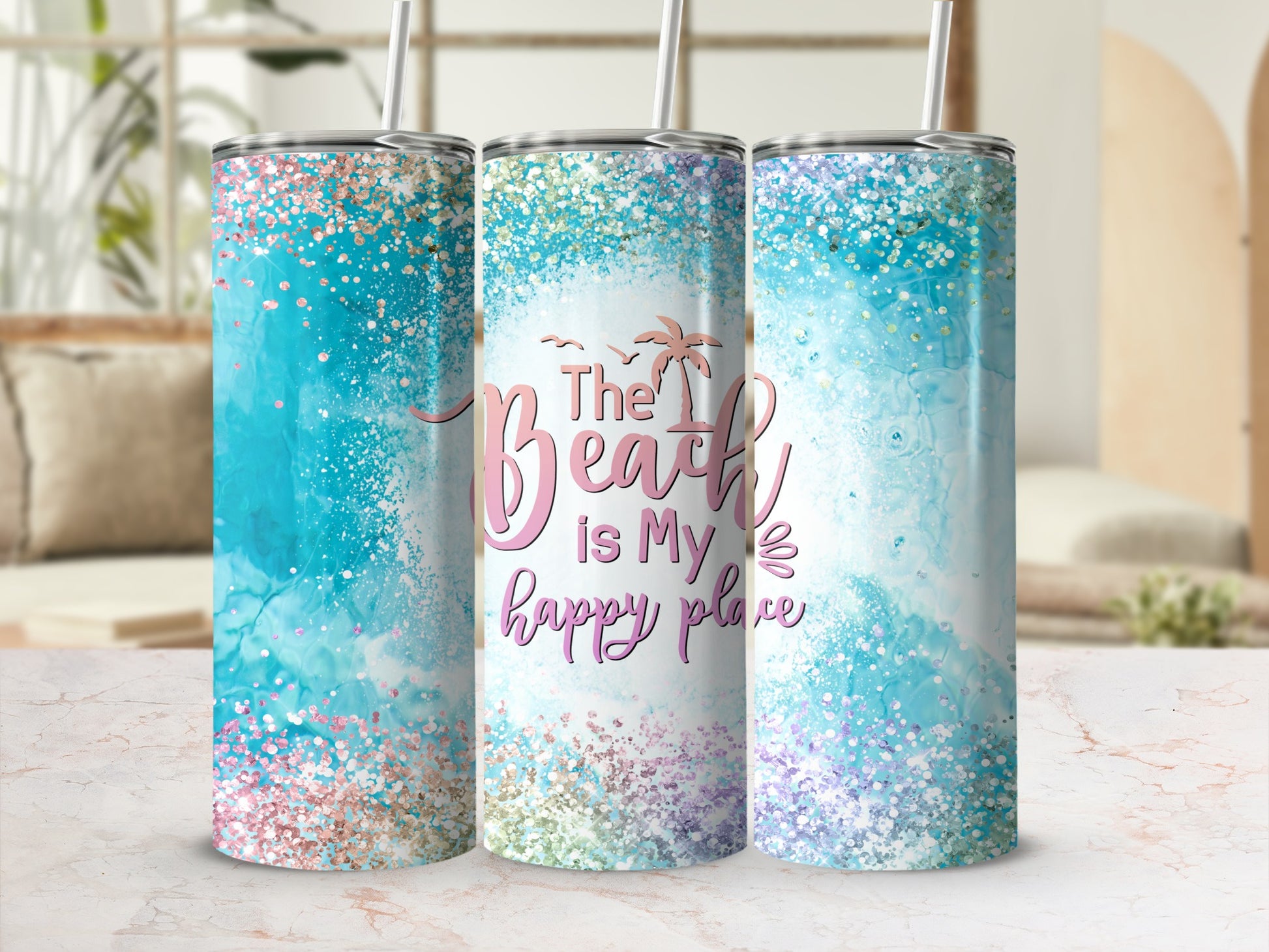 Blue Teal Glitter Beach My Happy Place Tumbler product type