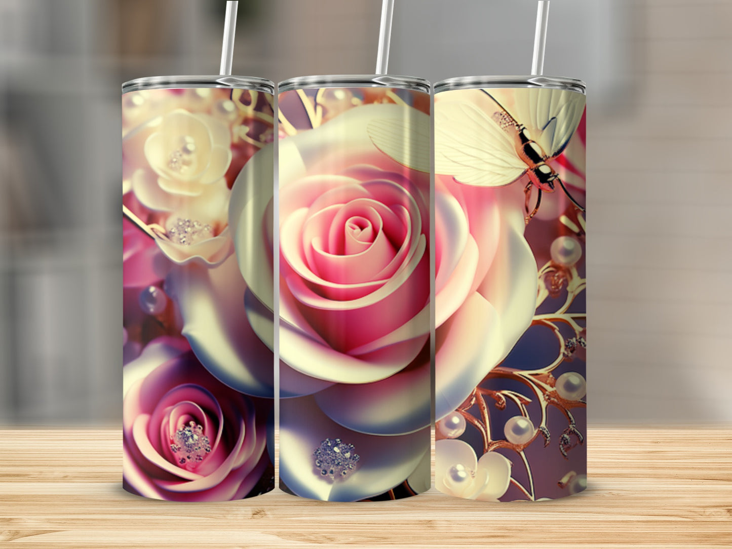Three floral tumblers with roses, pearls, and a butterfly.